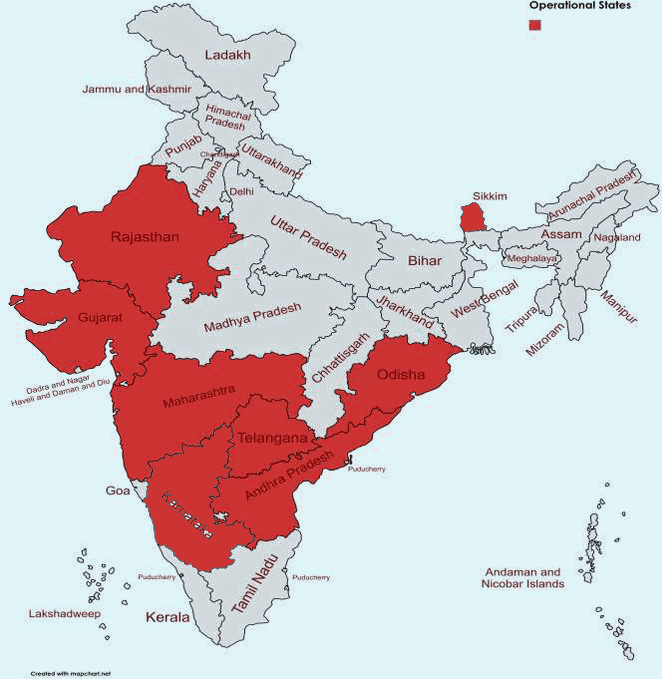 Map of India with Rajasthan, Gujarat, Maharashtra, Karnataka, Telangana, Andhra Pradesh, Odisha and Sikkim shaded as HCS operational states